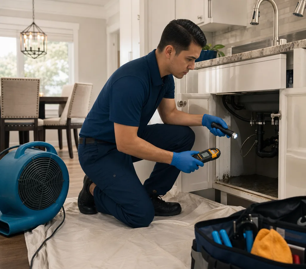 Uniformed plumber inspecting plumbing beneath a kitchen sink in an Allen, Texas home