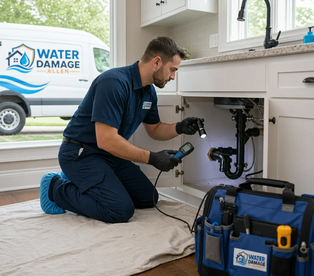 Uniformed plumber inspecting plumbing beneath a kitchen sink in an Allen, Texas home