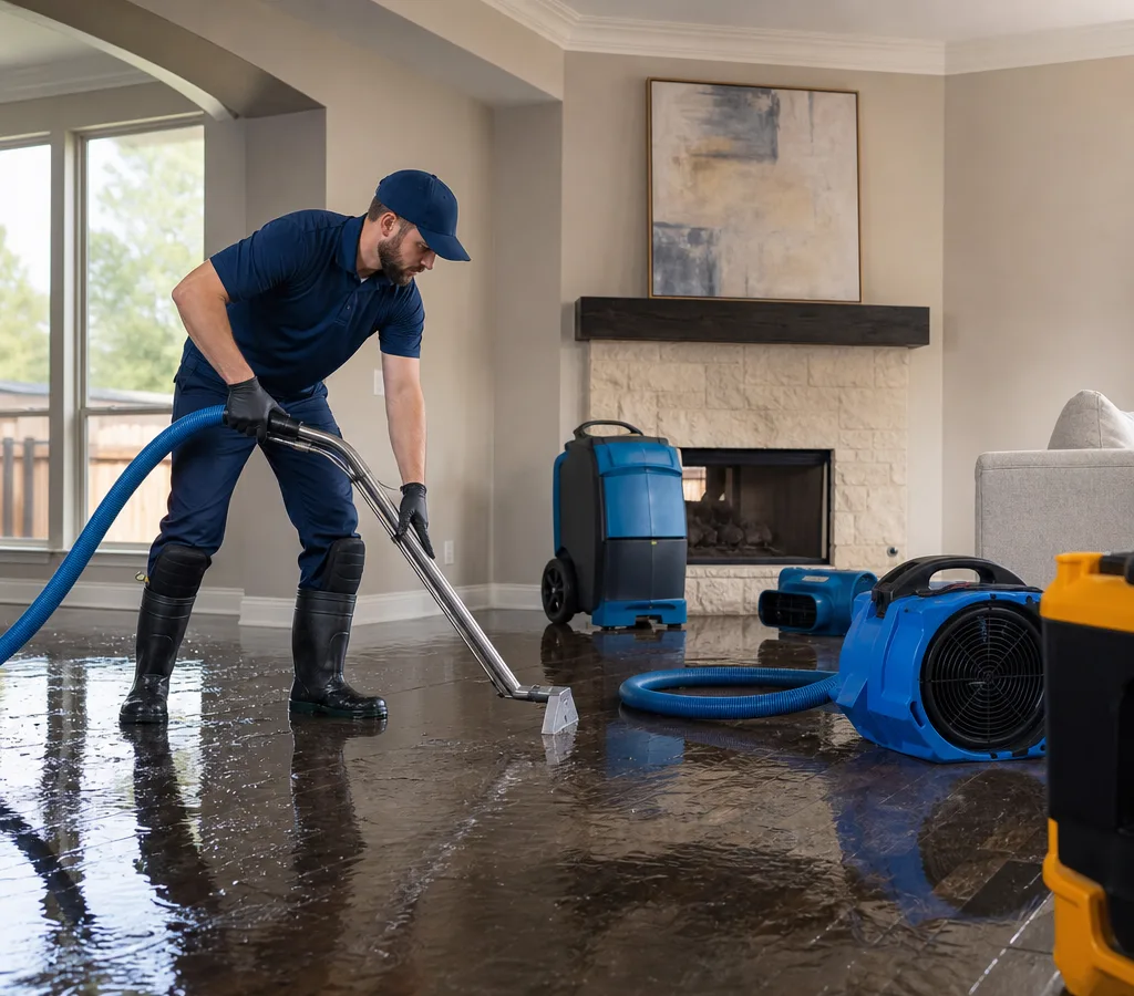 Technician extracting standing water from a residential living room in Allen, Texas