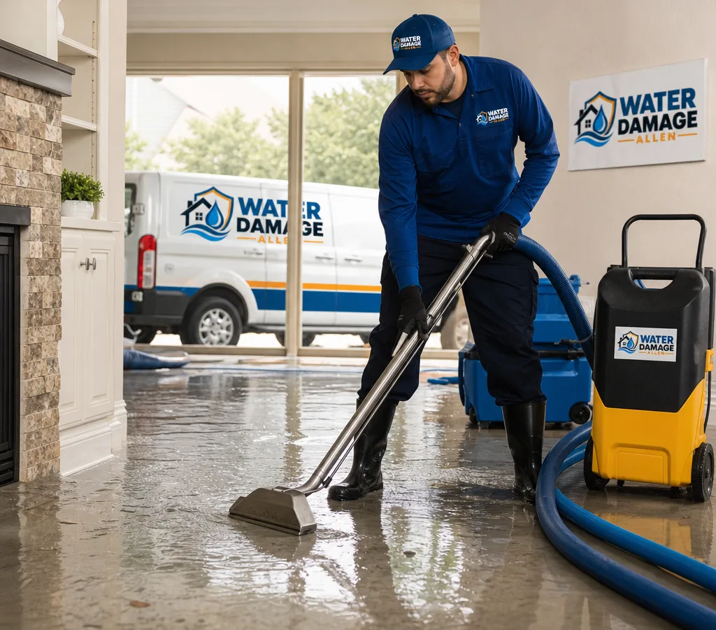Technician extracting standing water from a residential living room in Allen, Texas