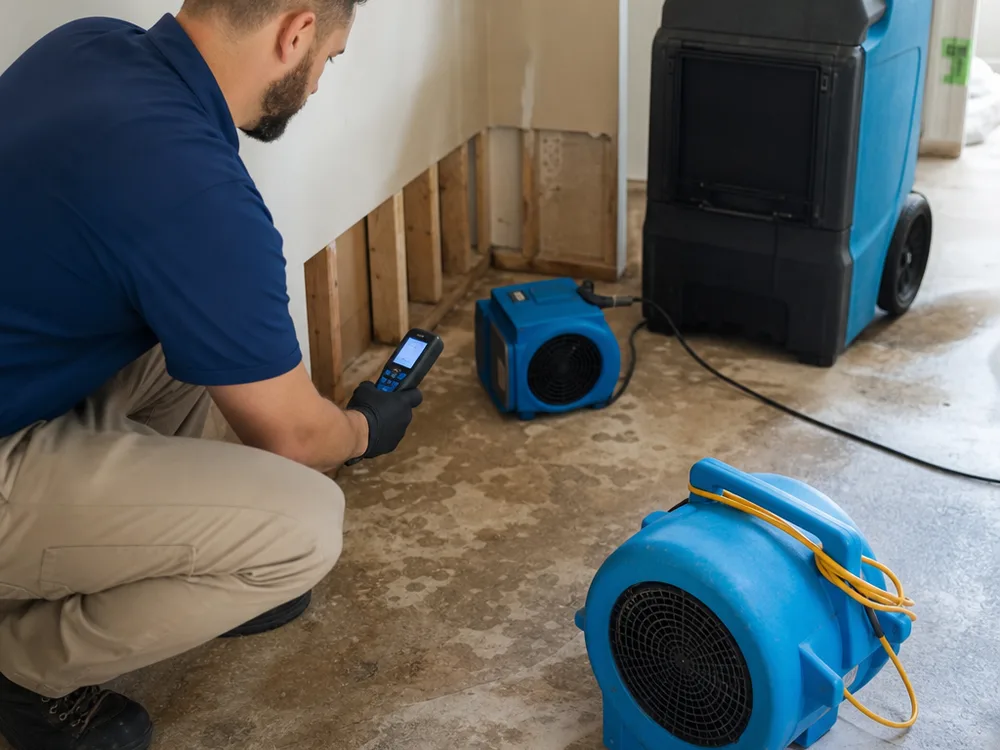 Air movers and a dehumidifier drying a contained room while moisture readings are taken