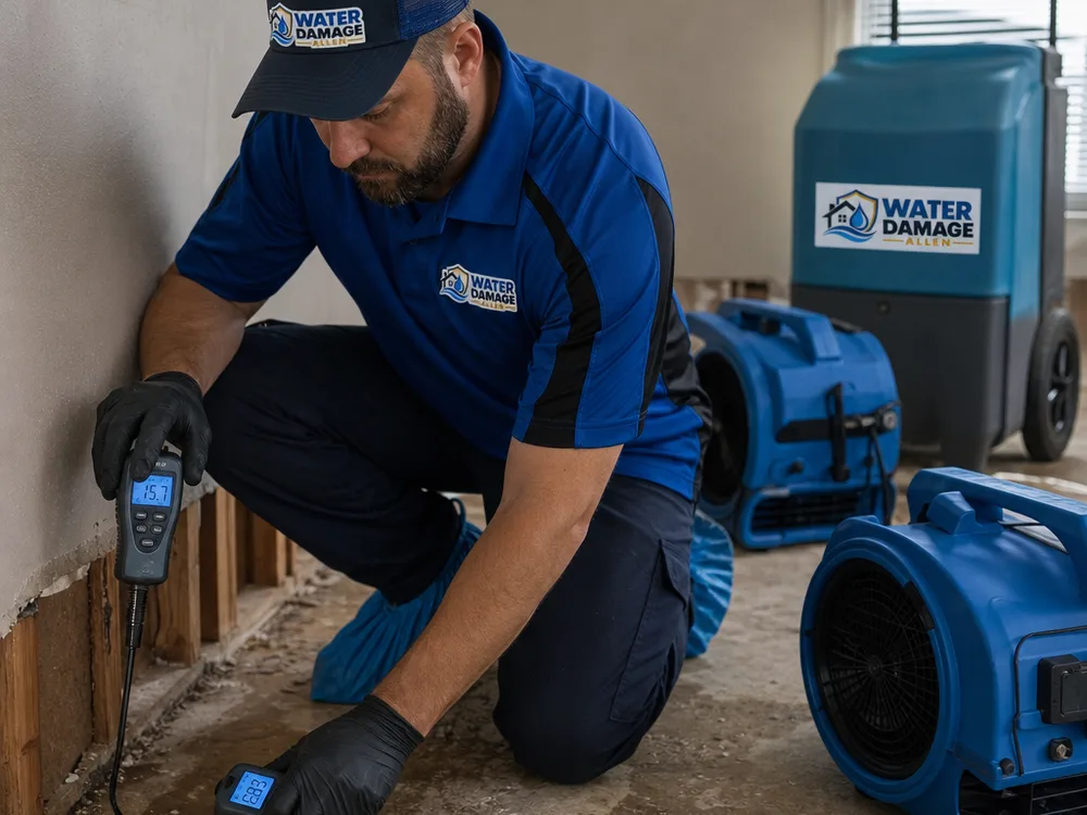 Air movers and a dehumidifier drying a contained room while moisture readings are taken