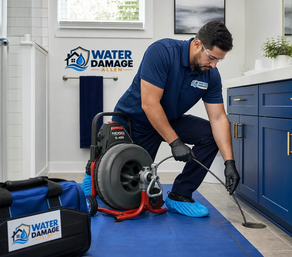 Technician clearing a residential drain line with professional equipment in an Allen, Texas bathroom