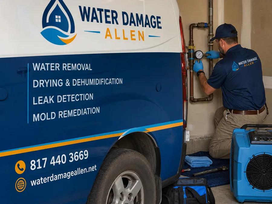 Plumber checking an interior water shutoff valve and water pressure in an Allen garage