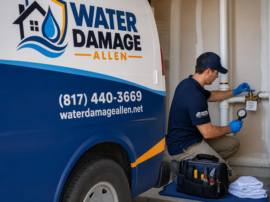 Plumber checking an interior water shutoff valve and water pressure in an Allen garage