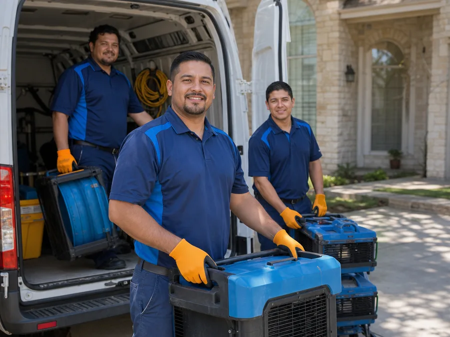 Water damage restoration team loading extraction and drying equipment from a service vehicle