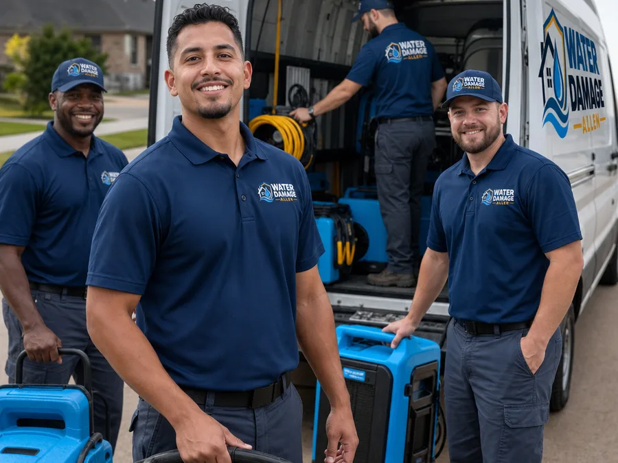 Water damage restoration team loading extraction and drying equipment from a service vehicle